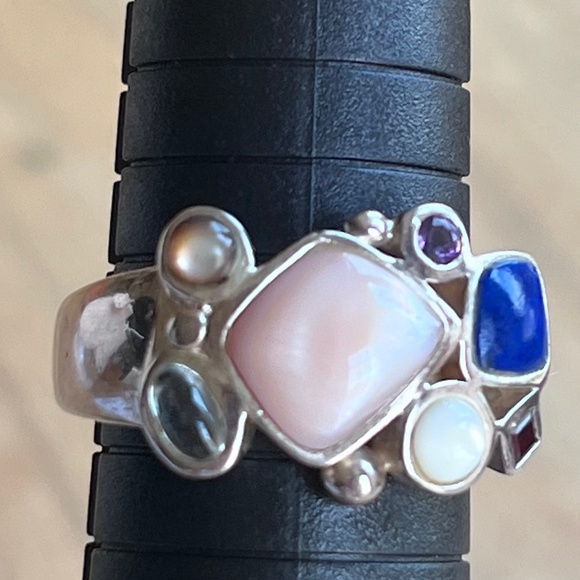 Vintage Ring signed 925 LT lapis, pearl, amethyst garnet aquamarine sz 9. - Picture 7 of 11